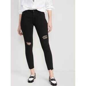 Old Navy Rockstar Super-Skinny Ankle Jeans Womens 2 Petite Black Raw Hem NEW